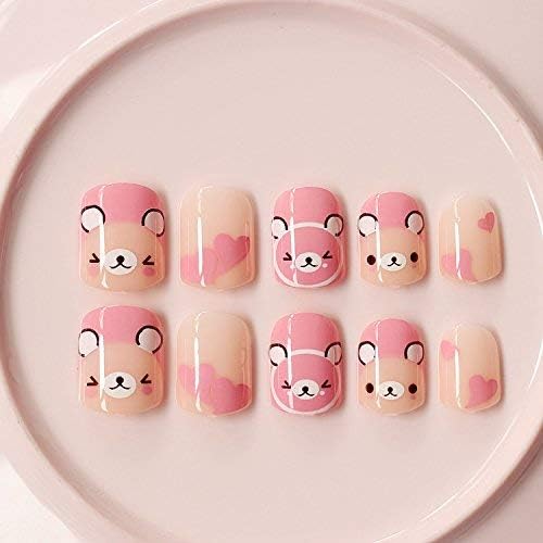 LIARTY Christmas False Nails 24 Pcs Cute Carton Short Squoval Fake Nail Tips - Pink Bear