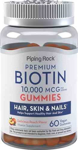 Piping Rock Biotin 10000mcg Gummies | 60 Count | Hair Skin and Nails | Vegan Formula | Peach Flavor | Premium Vitamin Supplement | Non-GMO, Gluten Free