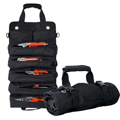 Portable Foldable Roll-Up Waterproof Tool Bag Organizer with 5 Compartments & 2 Detachable Pouches