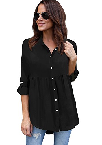 Yidarton Women's Cuffed Long Sleeve V Neck Chiffon Blouses Tops Button Down Tunic Shirts(Black,S)
