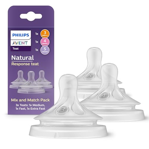 Philips Avent Natural Response Mix & Match Teat Pack 3 Natural Response Teats with Different Flow Rates - Medium (Flow 3) Fast (Flow 4) and Extra Fast (Flow 5) 3-Pack SCY960/03