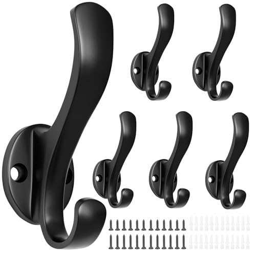 Ruiziiz Coat Hooks Heavy Duty - Wall Mount Metal Towel Hooks Screw-in Wall Hooks for Hanging Hat Towel Key Robe Scarf Bag Cap (6 PCS Black)