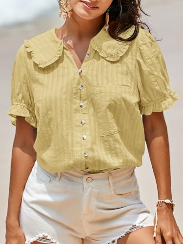 Image of Tankaneo Womens Puff Sleeve Shirts Peter Pan Collar Button Down Cotton Blouse Casual Summer Textured Tops