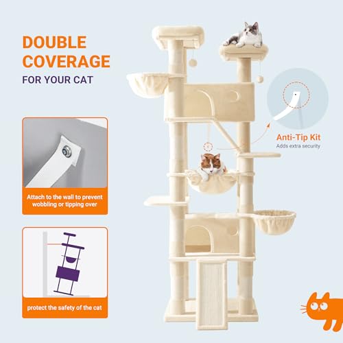 Image of Allewie 81 Inches Tall Cat Tree /Multi-Level Large Climbing Tree House and Towers for Big Feline /Condo and Hammock /Scratching Post /Wide Base /Beige