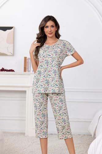 Image of PNAEONG Women Pajama Set Sleepwear Tops with Capri Pants Casual and Fun Prints Pajama Sets