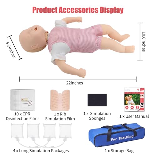 JNMFTD Infant Cpr Manikin, Baby Airway Obstruction Heimlich Training Manikin, Nursing Model PVC Full Body CPR Infarction First Aid Practice with Product Manual for Educational Teach Research
