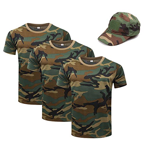 OttoBen Herren Damen Camo T Shirt & Baseballkappe 4 Teiliges Set, Atmungsaktiv Schnelltrocknend Kurzarm Rundhals Stretch Top, Outdoor Sports Laufen Trekking Angeln Jagd Shirts Dschungel Camo 3XL Cover
