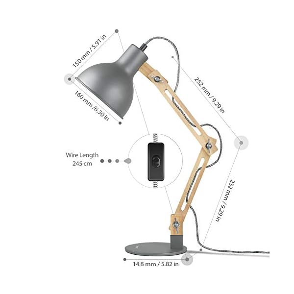 tomons LED Leselampe im Klassichen Holz-Design, Schreibtischlampe Grau, Tischleuchte Verstellbare, Verstellbarem Arm… – Bild 6