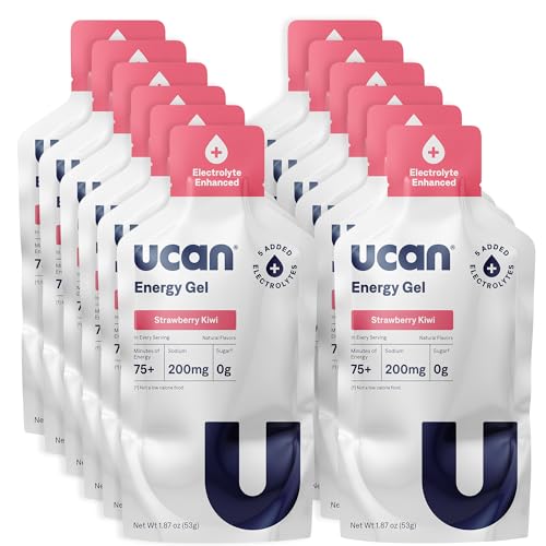 Image of UCAN Edge Energy Gel Shots, Strawberry Kiwi + Electrolytes (12, 2 Ounce Packets) for Running, Training, Workouts, Fitness, Cycling, Crossfit | Sugar-Free, Vegan, & Keto Friendly Energy