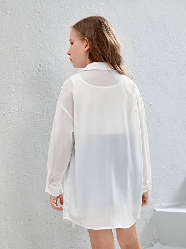 Sweatyrocks Girl's Casual Long Sleeve Button Down Shirt Drop Shoulder Summer Blouse Top White 10Y #TOP1