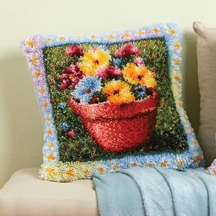 ROCKY&CHAO Latch Hook Kit for Adults & Kids, Complete DIY Cushion Making Craft Kits with Yarn & Canvas and Crochet Needle, Latch Hook Pillow Cover Adult Craft Kits for Women - Potted Flowers 43x43cm