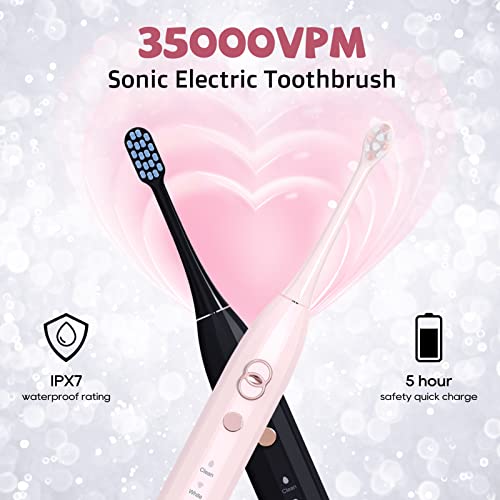 Perect Ultrasonic Electric Toothbrush 2 Pack Set For Adults With 8 Brush Heads, 3 * 3 Adjustable Modes, 2-Minute Smart Timer, Fast Charge For 90 Days,Ipx7 Waterproof,2 Travel Cases, Black&Pink #TOP2