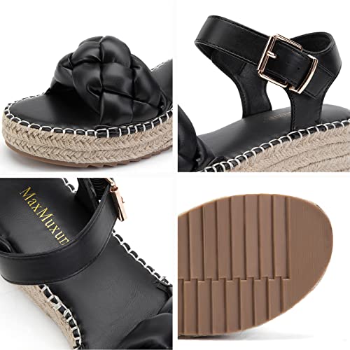 Maxmuxun Women's Platform Wedge Sandals Open Toe Buckle Espadrilles Casual Summer Braided Sandals Pu Black Eu40 #TOP3