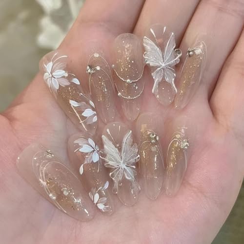 Rchovsam Fall 3D Butterfly Press on Nails Long Almond False Nails Press Ons White Floral Design Fake Nails Butterfly Stick on Nail Full Cover Acrylic Artificial Nails Gift for Women 24pcs