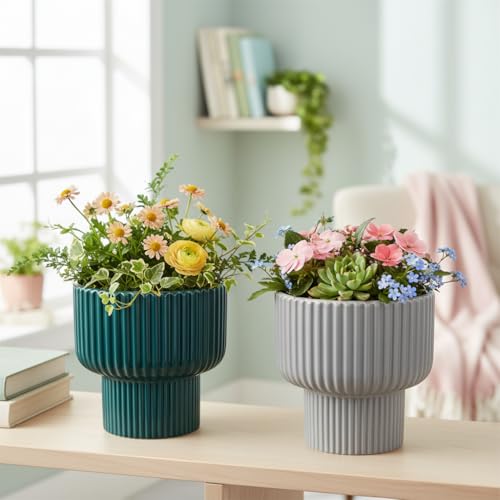 Image of Xtore Striking Ribbed Ceramic Planter Set for Indoor Plants | Contemporary Decorative Flower Pots for Living Room, Office Desk, Shelf & Tabletop Greenery (Set of 2, Teal Green & Grey, Planters only)