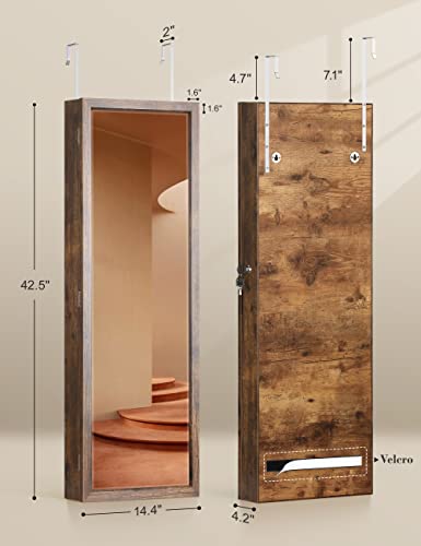 Nicetree 6 Leds Mirror Jewelry Cabinet With 3 Improvements, 4.2" D Door/Wall Mounted Jewelry Armoire With Full Length Mirror, Larger Capacity, Rustic Brown #TOP7