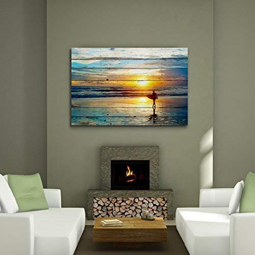 Artland Seascape Wall Art For Living Room Framed Modern Ocean Landscape Canvas Print Surfer At Dusk Artwork Blue Yellow Ready To Hang For Home Office Decoration 24"X36" Inch #TOP4