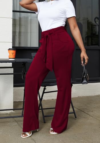 LKOUS Women Work Casual Stretchy Straight Wide Leg High Waisted Long Pants Belt,T- Wine,X-Large