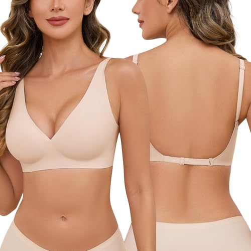 Yusongirl Deep V Low Back Bra for Women Wirefree Seamless Bra Multiway Convertible Strap Padded Bra Comfort Lifting Bra