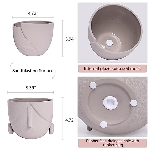 Quoowiit Ceramic Planter Flower Plant Pots, 5.4 + 4.7 Inch Brown Face Planter Pot Set With Drainage Hole, Head Planter Pot Succulent Planter Indoor Outdoor Garden, Creative Home Office Decor-Set Of 2 #TOP3