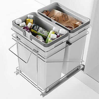 Kitchen Inventions Salice Double Bin Full Extension Pullout Trash System with Soft Close and Door Mount Brackets for Base Cabinets (2 X 35 Qt for 21