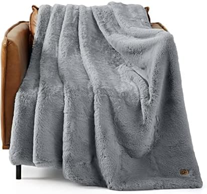 UGG 11069 Euphoria Plush Faux Fur Reversible Throw Cozy Fuzzy Fluffy Blanket for Couch Bed Hotel Style Luxury Machine Washable Home Decor Luxurious Soft Throws for Sofa, 70 x 50-inch, Chambray