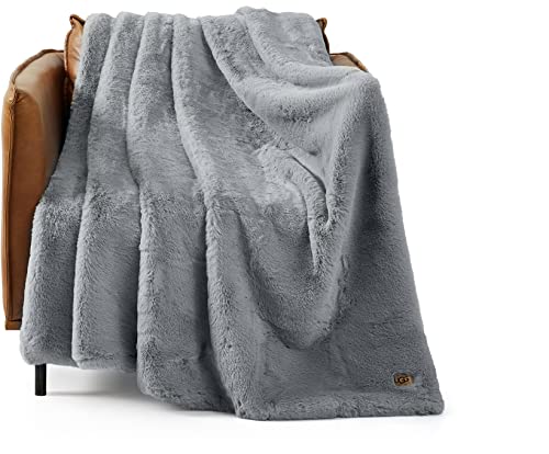 Ugg 11069 Euphoria Plush Faux Fur Reversible Throw Cozy Fuzzy Fluffy Blanket For Couch Bed Hotel Style Luxury Machine Washable Home Decor Luxurious Soft Throws For Sofa, 70 X 50-Inch, Chambray #TOP22
