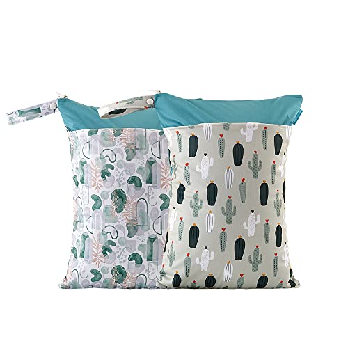Image of MOMIGO 2 pcs/set Wet Dry Bags for Baby Cloth Diapers - Reusable, Washable Stroller, Diapers, Toiletries, Travel Bags, Beach, Pool, Gym Bag with Two Zippered Pockets 11.8 * 15.7 inch(Cactus)