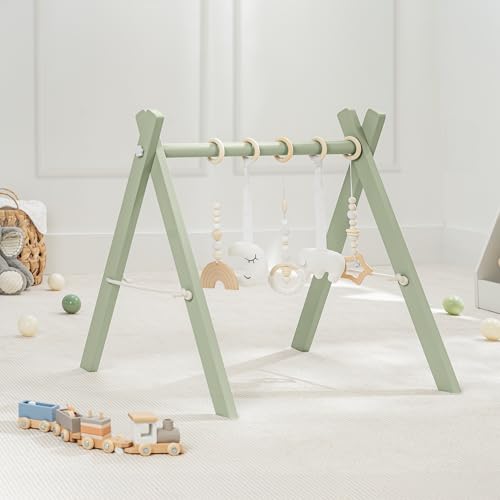 Image of Comfy Cubs Wooden Baby Play Gym - Natural Finish Pinewood Baby Activity Gym with 5 Sensory Hanging Toys - Easy No-Tool Assembly, Safe and Durable for Infant Motor and Visual Development - Sage
