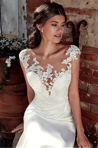 Image of White Lace Applique Wedding Dress for Bride Engagement Column Chiffon Long Formal Bridal Dresses Elegant Tulle Sheath Wedding Gown for Women US16