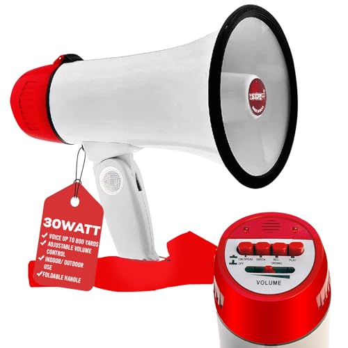5 CORE Megaphone Bull Horn 30W Loud Speaker 800 Ft Range Portable Bullhorn w Recording Volume Control Siren Noise Maker for Kids and Adults for Cheerleading Football Safety Drills 6R