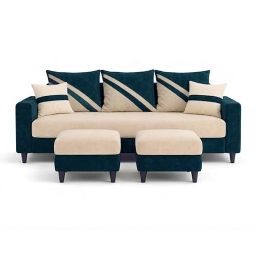 Image of SLEEPIFY Covelle 3 Seater Sofa Set with 2 Ottoman (Green Teal - Cream) | Premium Soft Velvet | Plush Comfort Cushions | Modern Living Room Sofa | Spacious Comfortable Seating