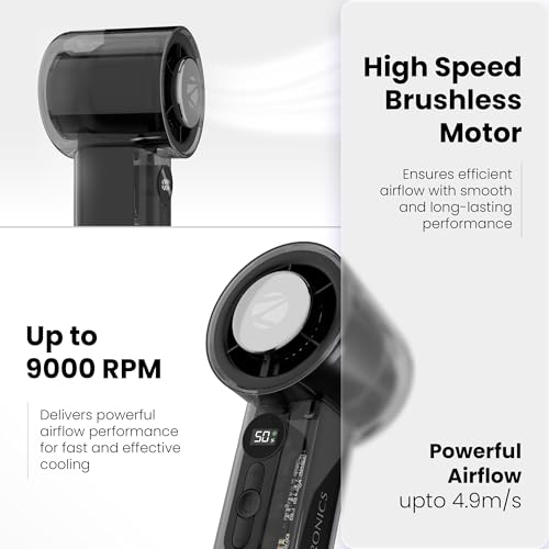 Image of Zebronics Heat Buster 250 Portable Hand Fan, 9000 RPM Speed, Upto 6 Hours Backup, 100 Speed Modes, 3000mAh Battery, LED Display, Battery Indicator, Type-C Charging, Lightweight Design (Black)