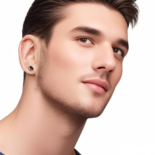 2025 Best【Hypoallergenic Earrings for Men】-18G Flat Mens Surgical Steel Black Stud Earring 10mm (0.4")-【For Sensitive Skin & New Piercings】 Textured Brick Design Pair 0.28oz Men's jewelry-Para Hombre3