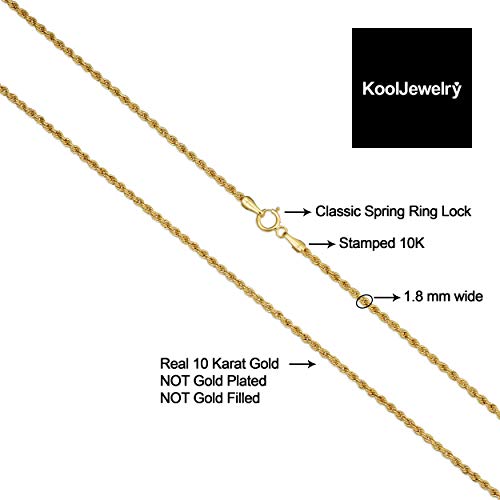 10k Yellow or White Gold 1.8 mm Classic Rope Chain Necklace for Men and women (14, 16, 18, 20, 22, 24, 26 or 30 inch)2