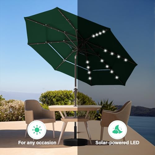 Image of JEAREY 3 Tiers Patio Umbrella with Solar Lights 9ft Outdoor Market Table Umbrellas with Push Button Tilt for Outside Pool Garden, Dark Green
