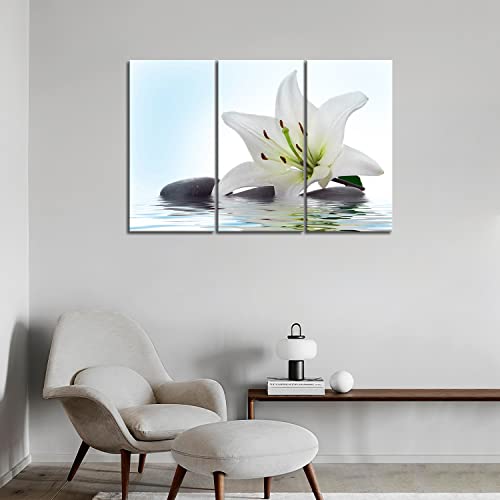 3 Panel Wall Art White Madonna Lily And Stone In Water Painting The Picture Print On Canvas Flower Pictures For Home Decor Decoration Gift Piece (Stretched By Wooden Frame,Ready To Hang) #TOP4
