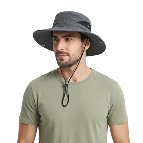 Wide Brim Sun Hats for Men UV Outdoor Packable Bucket Hats Men Boonie Hat Mens Sun Hat for Side Press Studs Air Vents Safari Hat for Men Fishing Hiking Beach Birthday Mens Gifts Dark Gray
