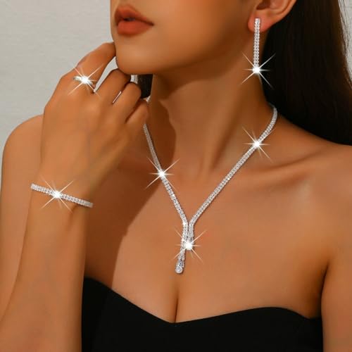 Fyvos Sparkling Rhinestone Tassels Earrings Necklace Ring Bracelet Set Elegant Crystal Earrings Necklace Bracelet Sets Bridal Wedding Prom Party Costume Jewelry for Women (Silver) by Fyvos - Used condition - Image 3