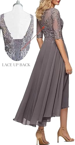 ALEESHUO Tea Length Mother of The Bride Dresses for Wedding Emerald Formal Dress 3/4 Sleeve High Low Evening Party Gowns US12 Emerald4