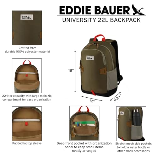 Eddie Bauer University Backpack 22L | Everyday Carry | Work | Travel | Commuter | Padded Laptop Sleeve | Stretch Bottle Pockets | Lightweight | Durable - Adler Green2