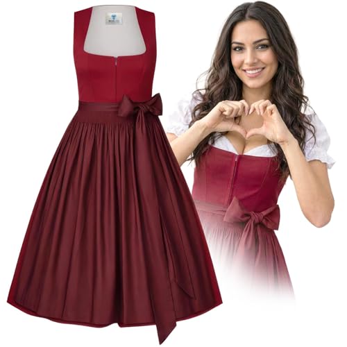 Alpentrachten Dirndl Victoria Bordeaux | Midi Dirndl Damen inkl. Dirndlschürze mit Bindeband | Trachtenkleid mit eckigem Ausschnitt & Reißverschluss vorne | Oktoberfest Damen Outfit | Länge 70 cm