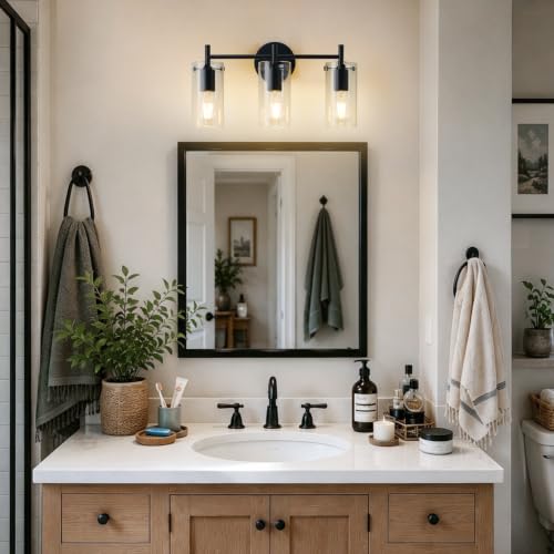 Image of Indoi Bathroom Light Fixtures, 3-Light Matte Black Vanity Light, Black Bathroom Lights Over Mirror with Clear Glass Shade, Wall Sconces for Mirror Bedroom Living Room Hallway (Pack of 2)