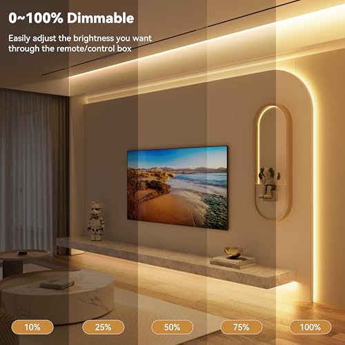 Image of PAUTIX COB LED Strip Lights with RF Remote,32.8ft UL Listed Dotless LED Lights Warm White 2700K,Super Bright Dimmable 24V Adhesive LED Tape Light,Kitchen Cabinets Shelf Mirror Office Bedroom Lighting
