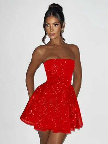 DAAWENXI Women's Sexy Strapless Mini Dress Sequin Ruched Bow Graduation Party Prom Short Dresses3