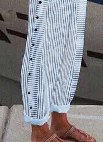 Women's Side Pockets Blue and White Striped Wide Leg Pants with Pockets 2025 Summer Casual Elastic Waistband Trousers4