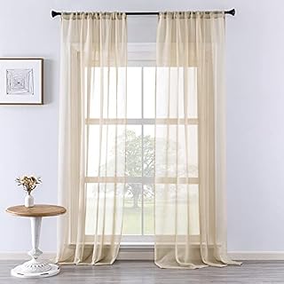CUTEWIND Pair of Modern Beige/Ivory/Cream Drop Sheer Curtains 96 Inch Length Voile Top Curtains for Warm Cafe Window Bedroom Living Room Balcony Nursery Decor Rod Pocket 2 Panels(Beige,55" x 96")