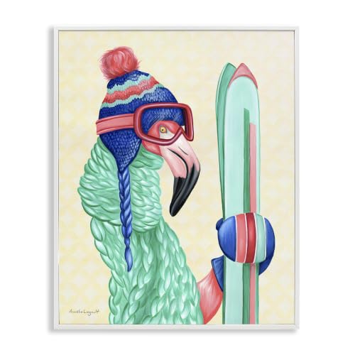 Flamingo Bird Skiing Winter Sports, 16 x 20 Inch Framed Giclée Print