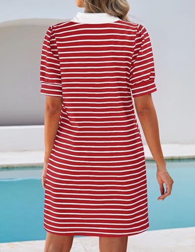 Image of ZESICA Womens Summer Striped T Shirt Mini Dresses 2026 Casual Lapel V Neck Short Sleeve Flowy A Line Beach Vacation Dress