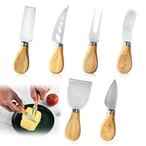 Glythum 6 Stück Käsemesser Käsemesserset Set Mini-Käse-Werkzeuge Käsebesteck Edelstahl Butterschneider Cutter mit Holzgriff für Schnittkäse Schokolade Weichkäse
